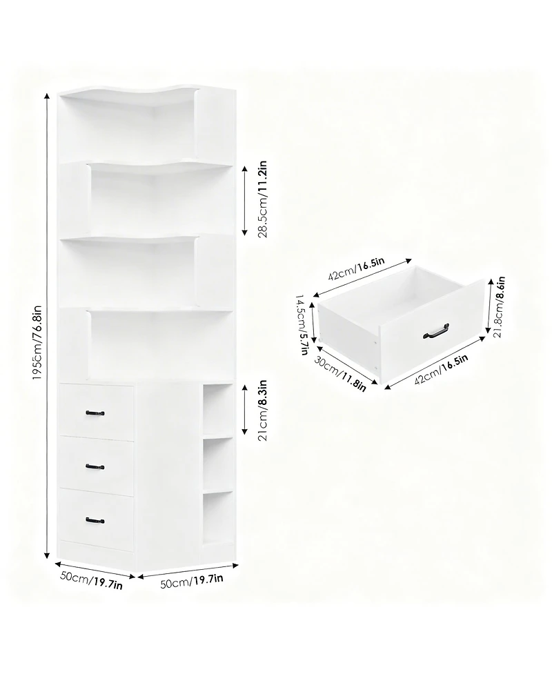 Yigii Corner Bookshelf L-Shaped 4-Tier 3 Drawers 3 Cubbies