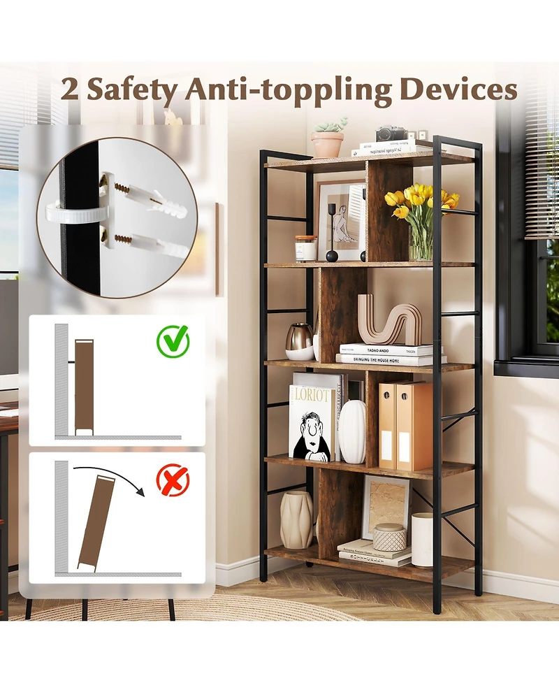 Slickblue 5-tier Bookcase 61 Inch Tall Industrial Bookshelf with Metal Frame