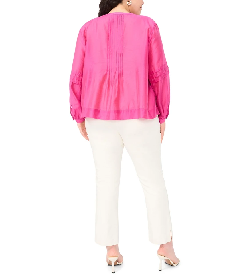 Vince Camuto Plus Stand Collar Front Shoulder Pleats Button Down Top