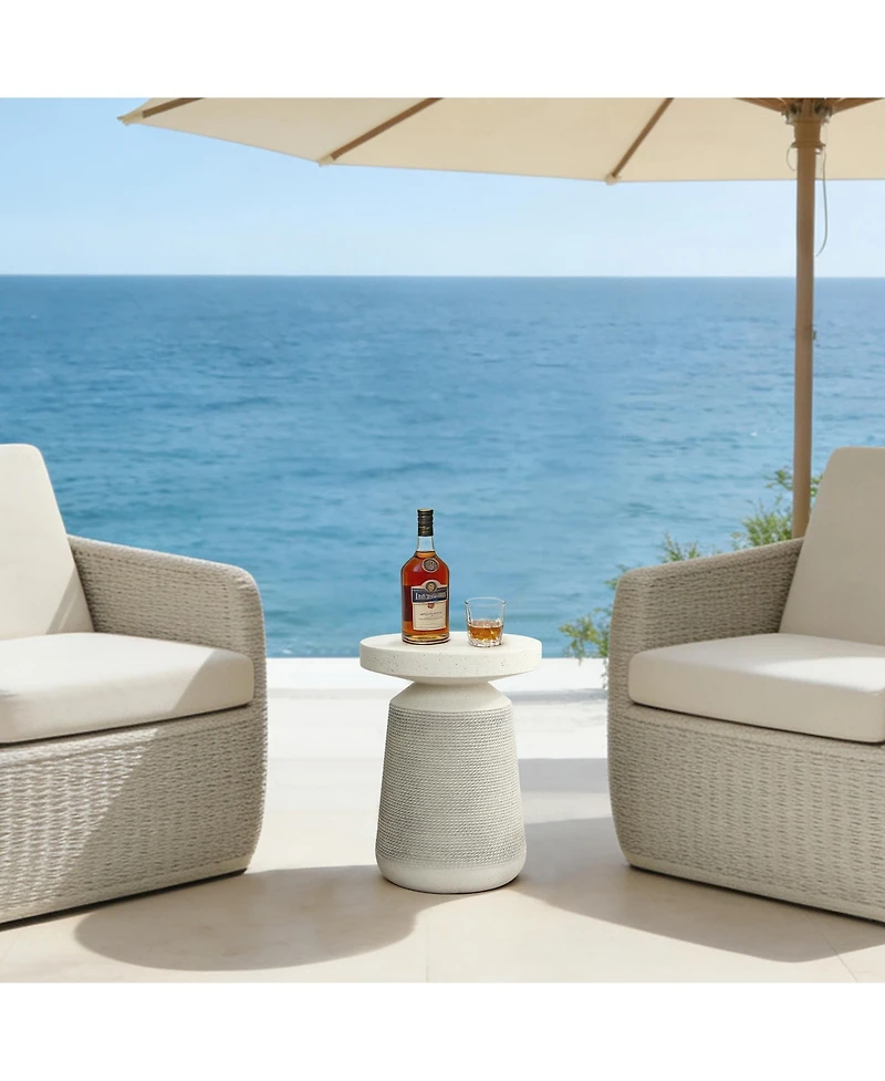 LuxenHome Textured Faux Stone Patio Table, Japandi Style with Sculpted Rope-Look Base