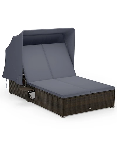 Gymax 2-person Rattan Lounge Bed w/ Retractable Canopy 5-position Adjustable Backrest