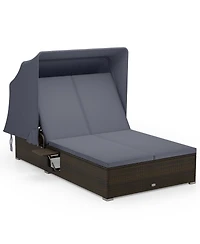 Gymax 2-person Rattan Lounge Bed w/ Retractable Canopy 5-position Adjustable Backrest