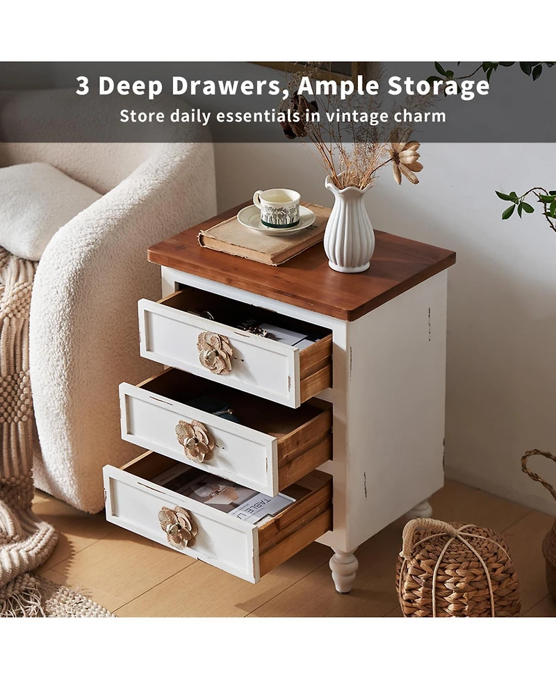 Streamdale Furniture Vintage Farmhouse End Table - Rustic Nightstand, 3 Drawers, Distressed