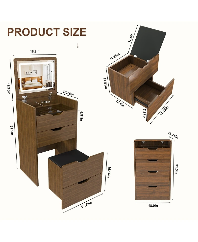 Rainsken 3-in-1 Vanity Desk with Lighted Mirror & Cushioned Tool, Flip Top Makeup Dressing Table for Cloakroom, Bedroom (18.9"L)