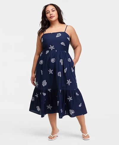 On 34th Trendy Plus Cotton Seashell-Embroidered Dress, Macy's Exclusive