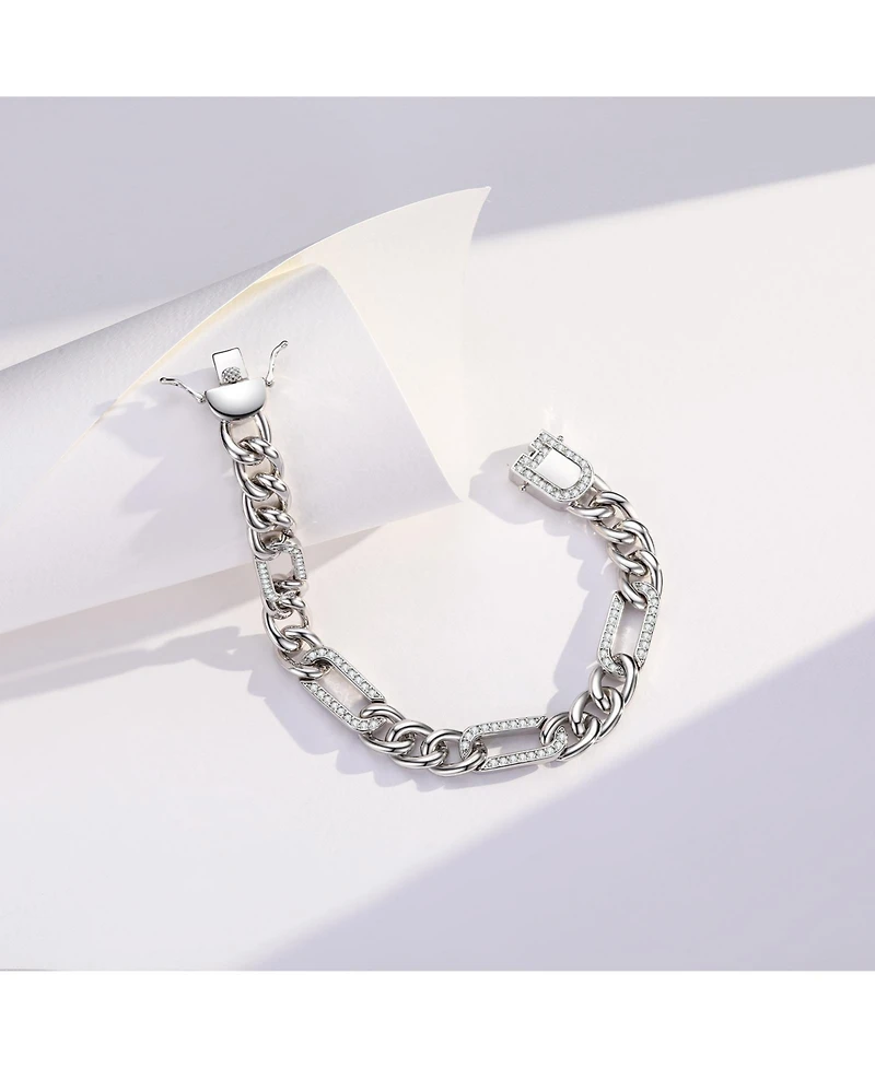 Men's Sterling Silver White Gold Plated with Iced Out Cubic Zirconia Paper Clip Curb Chain Bracelet