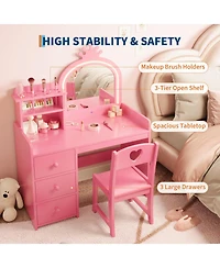 gaomon Kids 2-in-1 Wooden Princess Vanity Set with Stool