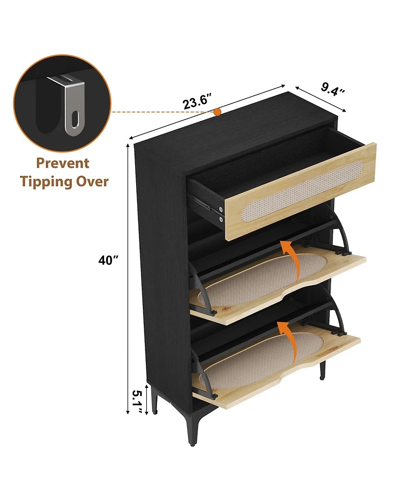 Homfan Rattan Shoe Cabinet with 2 Flip Drawers and 1 Pull-Out Drawer, Free Stand Shoe Storage Cabinet, 3 Adjustable Shelf, Narrow Shoe Cabinet