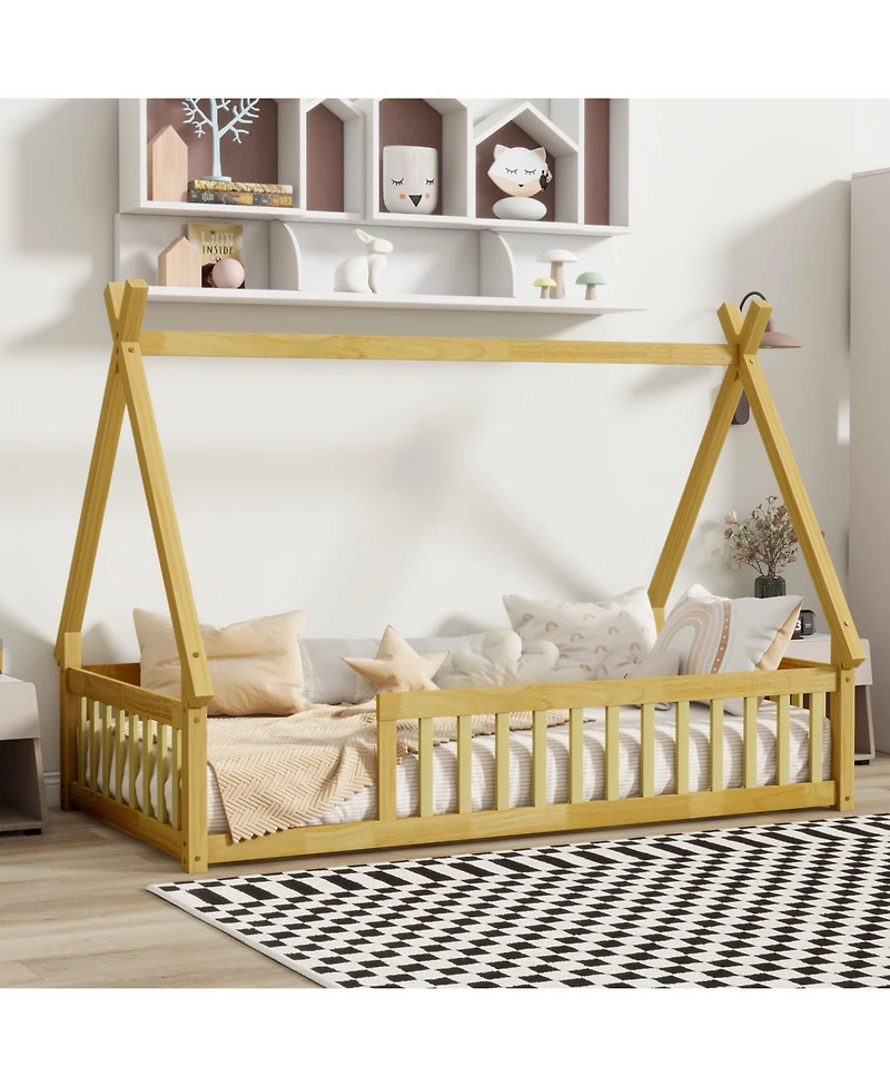 Streamdale Furniture Tent-shaped Floor Bed,Teepee Bed with Guardrails, Slats
