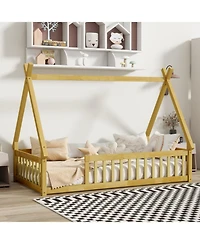 Streamdale Furniture Tent-shaped Floor Bed,Teepee Bed with Guardrails, Slats