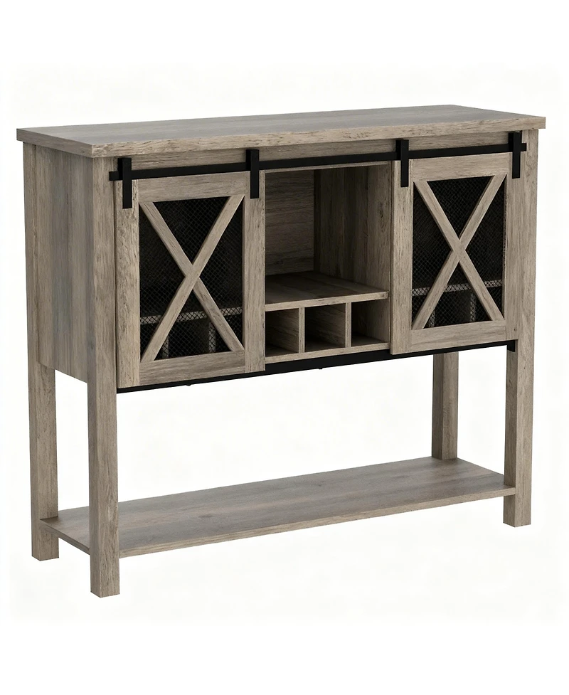 Yigii Buffet Cabinet Wine Coffee Bar Table Glass Rack Barn Mesh Door Kitchen Sideshelves