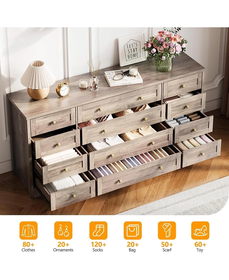 gaomon 12 Drawers Wood Dressers for Bedroom, 63" Long Wooden Dresser for Living Room, Hallway, 16" Wide Tv Stand Dresser for 65 Inch Tv, Sol