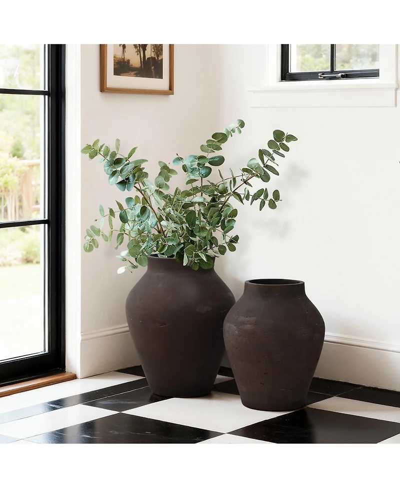 LuxenHome Rustic Earth Cement Vase, Antique Brown Finish, 13.4" H Decorative Accent for Tabletops and Open Shelving