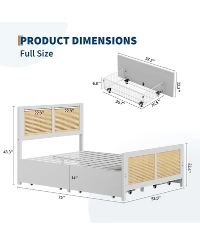gaomon Full Rattan Bed Frame with Led Headboard 4 Drawers Metal Slats No Box Spring White Easy Assembly