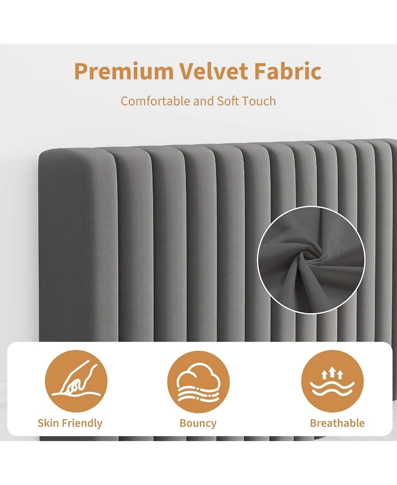 gaomon Twin Size Velvet Platform Bed Frame with Vertical Channel Tufted Adjustable Headboard, Wooden Slats Support