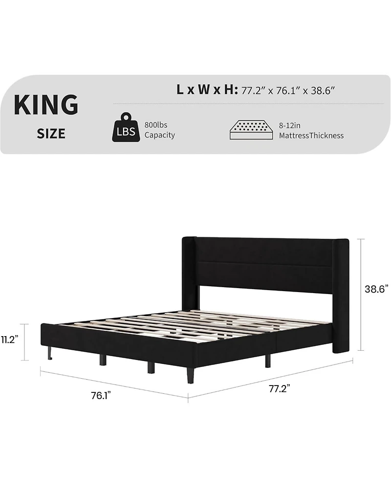 gaomon King Velvet Bed Frame with Wingback Headboard, Upholstered Platform Bed, No Box Spring Needed