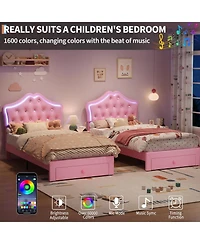 gaomon Twin Bed Frame with Led Lights Velvet Crystal Button Headboard Storage Drawer No Box Spring