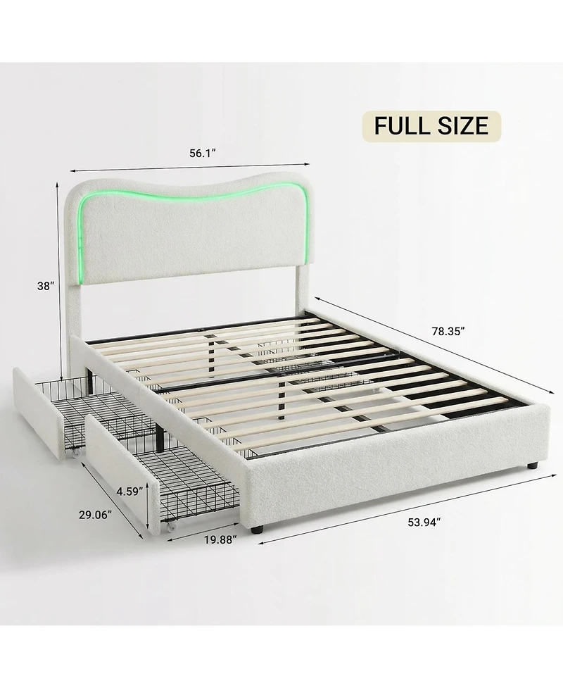 gaomon Boucle Bed Frame with 2 Drawers, Led Headboard, Upholstered Platform