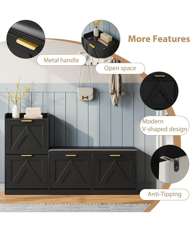 gaomon Farmhouse Freestanding Shoe Cabinet with Cushioned Bench and 4 Flip Drawers.