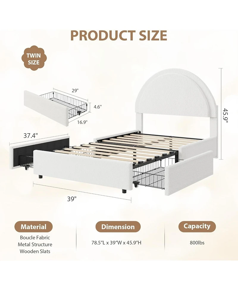 gaomon Twin Boucle Bed Frame with 2 Drawers Upholstered Platform Round Headboard Wood Slats No Box Spring