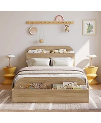gaomon Bed Frame with Storage Headboard and Raised Footboard Low Platform Wood Slats No Box Spring