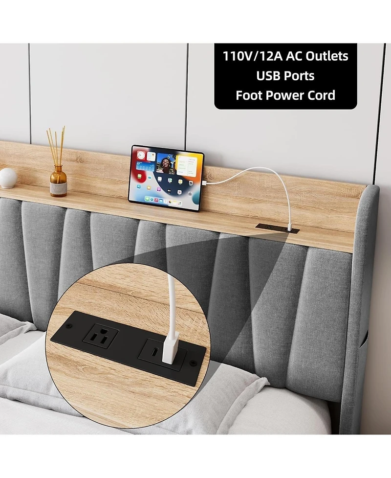 gaomon Bed Frame with Storage Headboard Upholstered Platform Drawers Charging Station No Box Spring