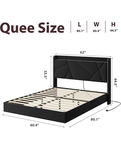 gaomon Bed Frame with Storage Headboard and Raised Footboard for Kids Low Platform Wood Slats No Box Spring