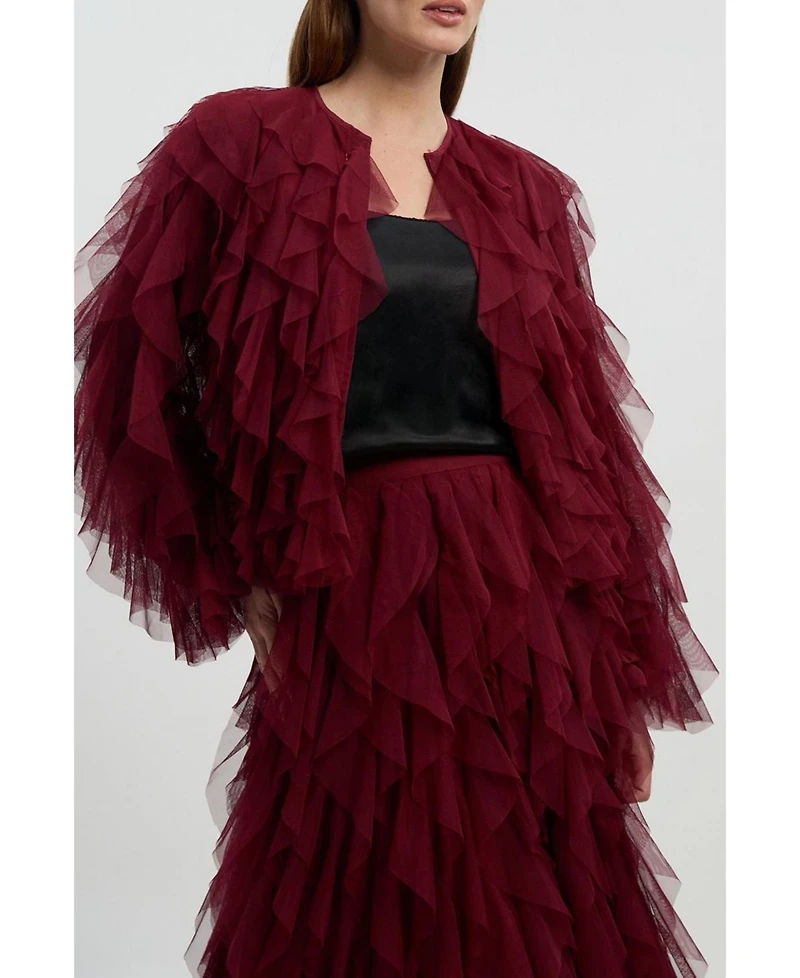 Karen Millen Women's Tulle Ruffle Detail Woven Jacket