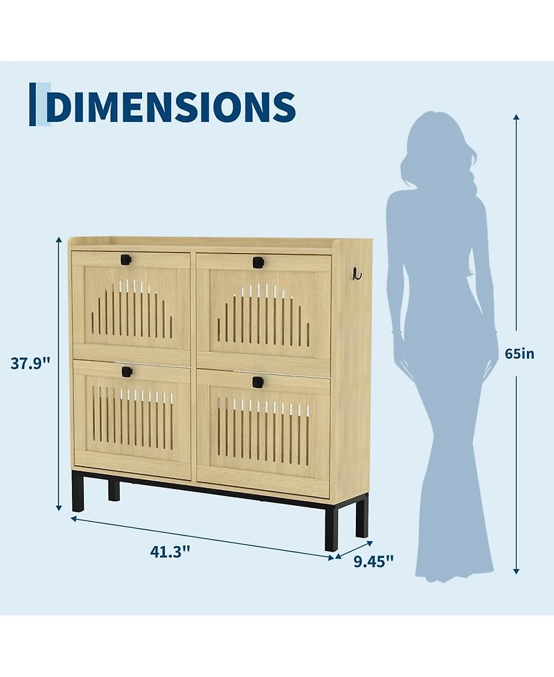 gaomon Shoe Storage Cabinet with 4 Hollow-Panel Flip Drawers and Black Square Handles