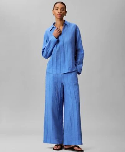 Calvin Klein Womens Long Sleeve Classic Fit Open Collared Shirt Wide Leg Mid Rise Pants