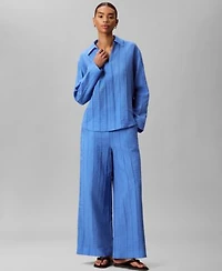 Calvin Klein Womens Long Sleeve Classic Fit Open Collared Shirt Wide Leg Mid Rise Pants