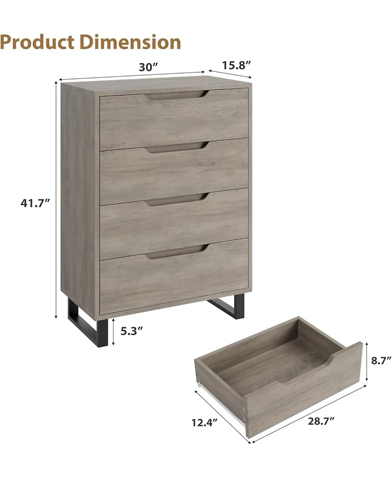 gaomon 4 Dresser for Bedroom, 41.5" Tall Dresser, Freestanding Vertical Drawer Cabinet with Storage, Wooden Closet Storage Chest