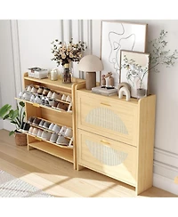 gaomon Wooden Shoe Cabinet with Rattan Doors, Flip Drawer Shoe Storage Cabinet with Adjustable Shelves, Narrow Hidden Entryway Shoe Cabinet