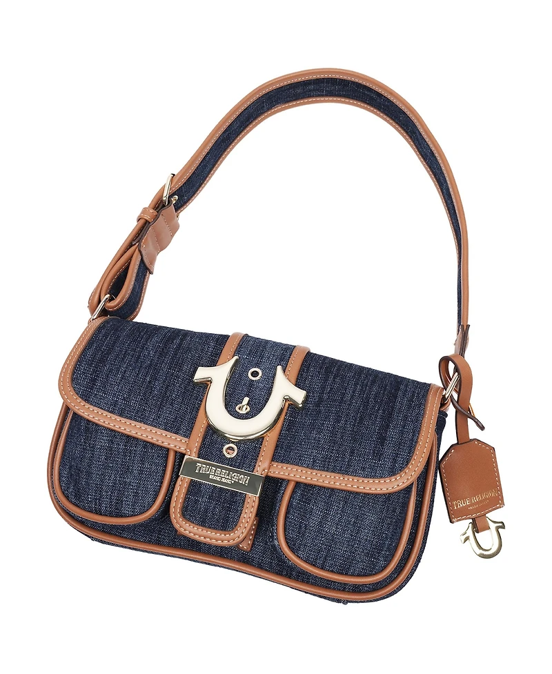 True Religion Double Pocket Denim Satchel with Horseshoe Hardware