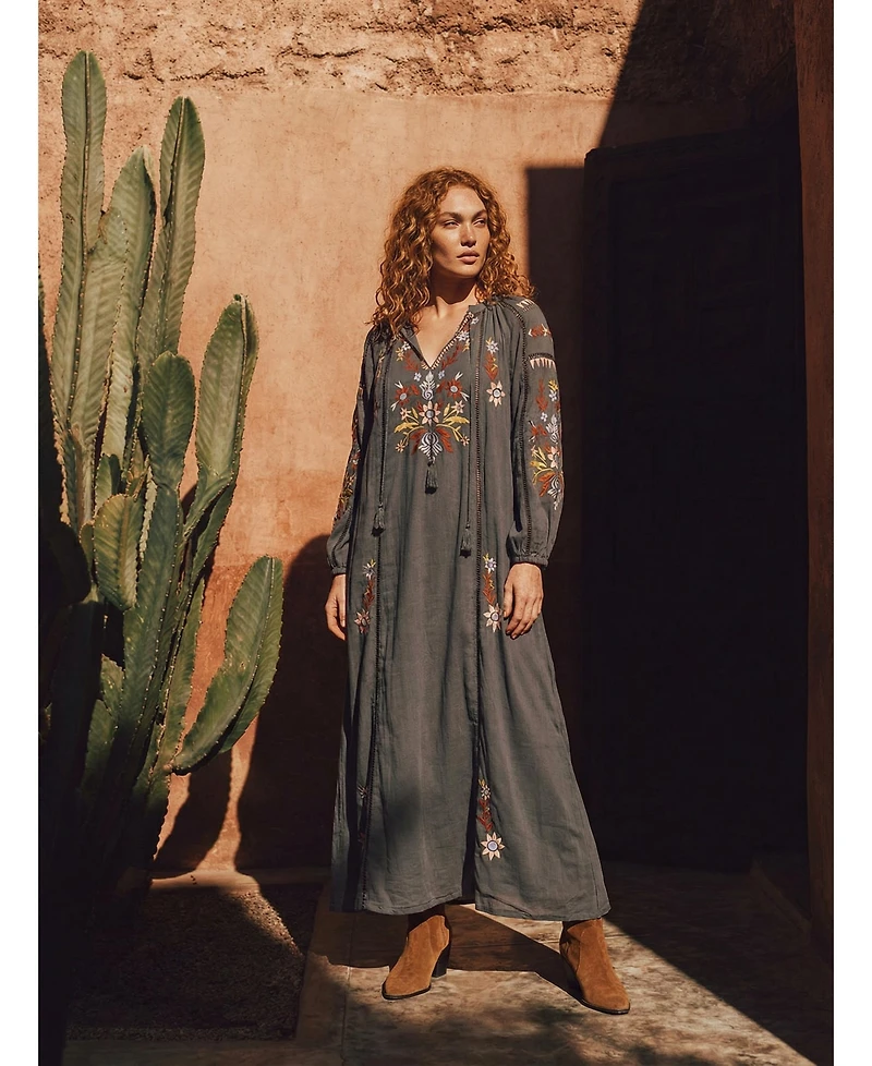 Raffya Women's Elisa Kaftan Style Embroidered Maxi Dress