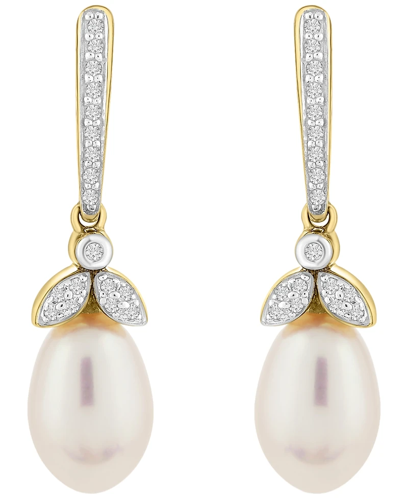 Macy's Cultured Freshwater Pearl (9x6mm) & Diamond (1/10 ct. t.w.) Drop Earrings in 10k Yellow Gold