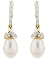 Macy's Cultured Freshwater Pearl (9x6mm) & Diamond (1/10 ct. t.w.) Drop Earrings in 10k Yellow Gold