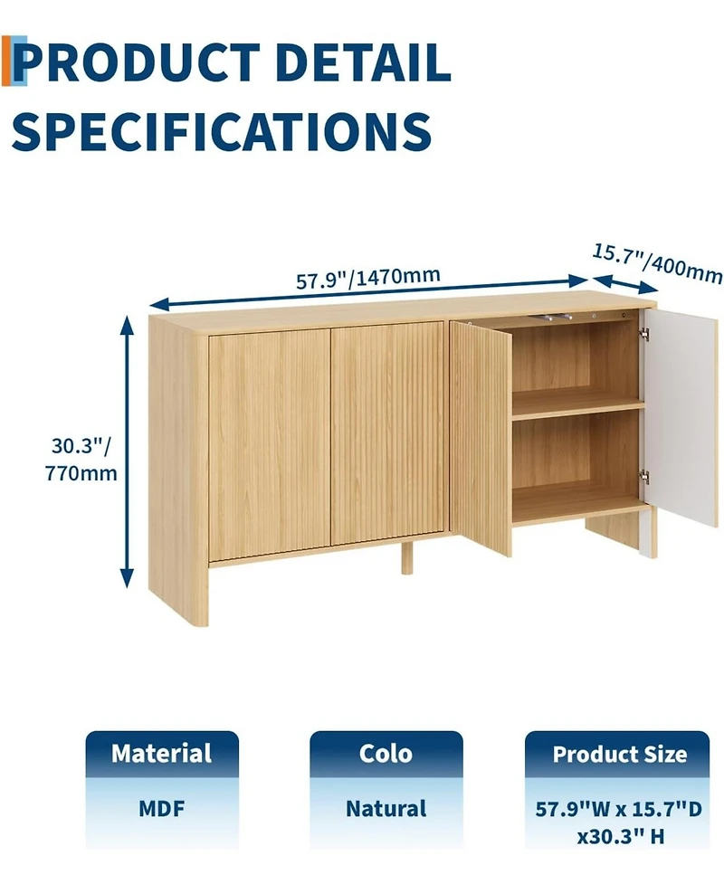 gaomon 58" Fluted Oak Sideboard Buffet Cabinet with Storage, Large Buffet Cabinet with 4 Doors and Adjustable Shelves