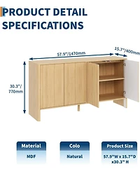 gaomon 58" Fluted Oak Sideboard Buffet Cabinet with Storage, Large Buffet Cabinet with 4 Doors and Adjustable Shelves