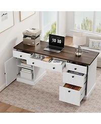 gaomon Fluted Home Office Desk Storage, in Modern Executive Desk with Charging Station, Wooden Computer Writing Desk with File Cabinet And Drawers