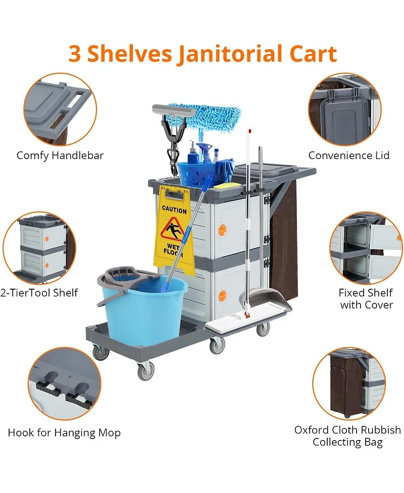 gaomon Commercial Janitorial Cart with Cabinet, Multi Purpose 3 Ply Plastic Housekeeping Cart with 30 Gallon Bag, 200 lbs Utility Cart