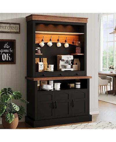 gaomon Coffee Bar Cabinet with Led Light, 72 Tall Farmhouse Hutch Storage, Sideboard Buffet Microwave Stand