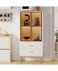 gaomon Fluted Pantry Cabinet with Glass Door and 2 Drawers, Kitchen Storage Adjustable Shelves, Modern Display Sideboard
