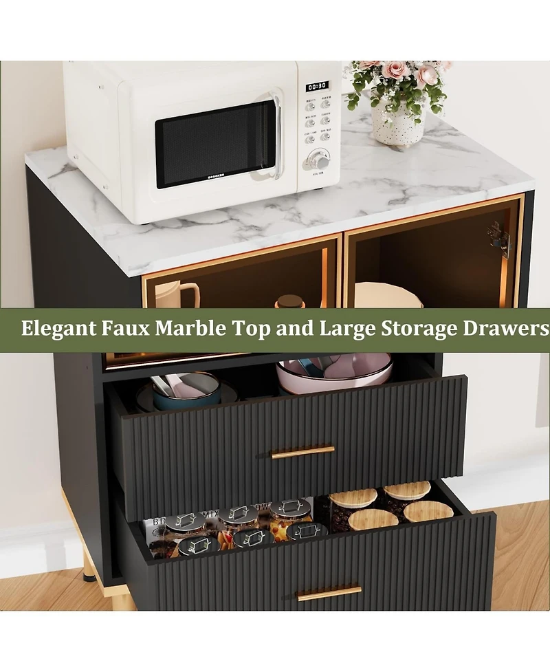 gaomon Fluted Pantry Cabinet with Glass Door and 2 Drawers, Kitchen Storage Adjustable Shelves, Modern Display Sideboard