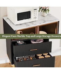 gaomon Fluted Pantry Cabinet with Glass Door and 2 Drawers, Kitchen Storage Adjustable Shelves, Modern Display Sideboard