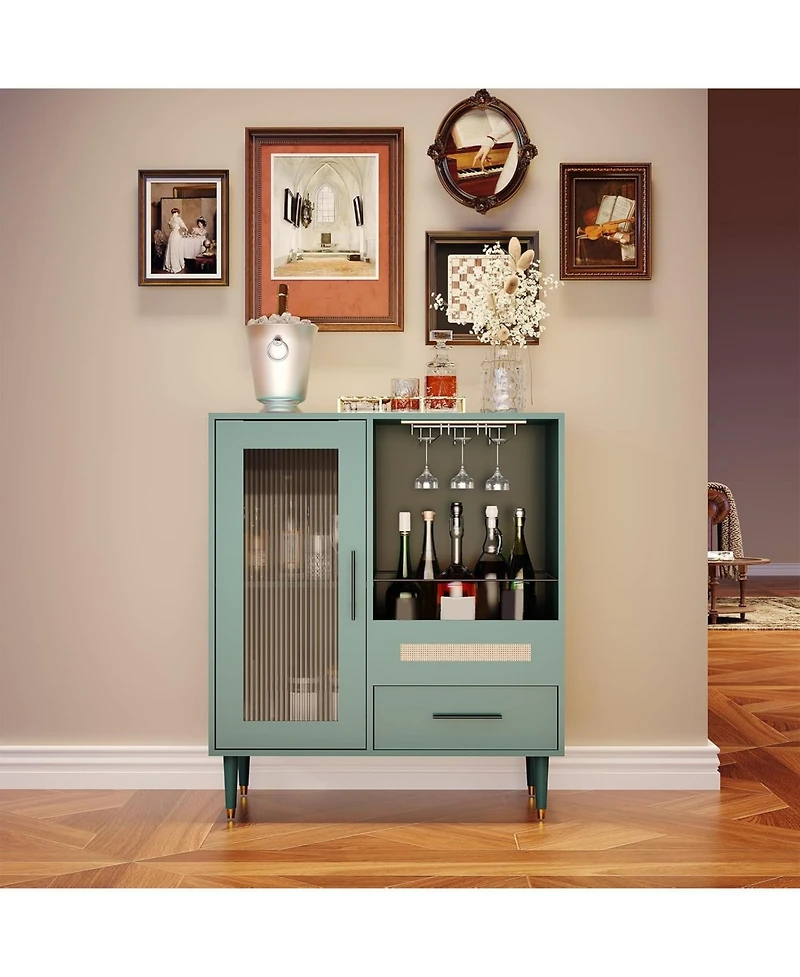 gaomon Modern Wine Bar Cabinet with Wine Glass Rack, Glass Door Display and Drawers, Coffee Bar & Liquor Cabinet with Storage, Buffet Sideboard Table