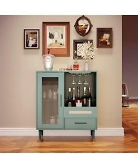 gaomon Modern Wine Bar Cabinet with Wine Glass Rack, Glass Door Display and Drawers, Coffee Bar & Liquor Cabinet with Storage, Buffet Sideboard Table