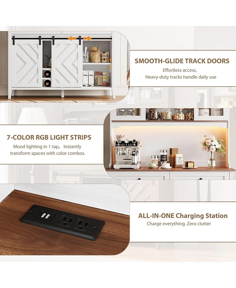 gaomon 72" Sliding Barn Door High Bar Cabinet Farmhouse, Large Kitchen Buffet with Hutch Wine Storage