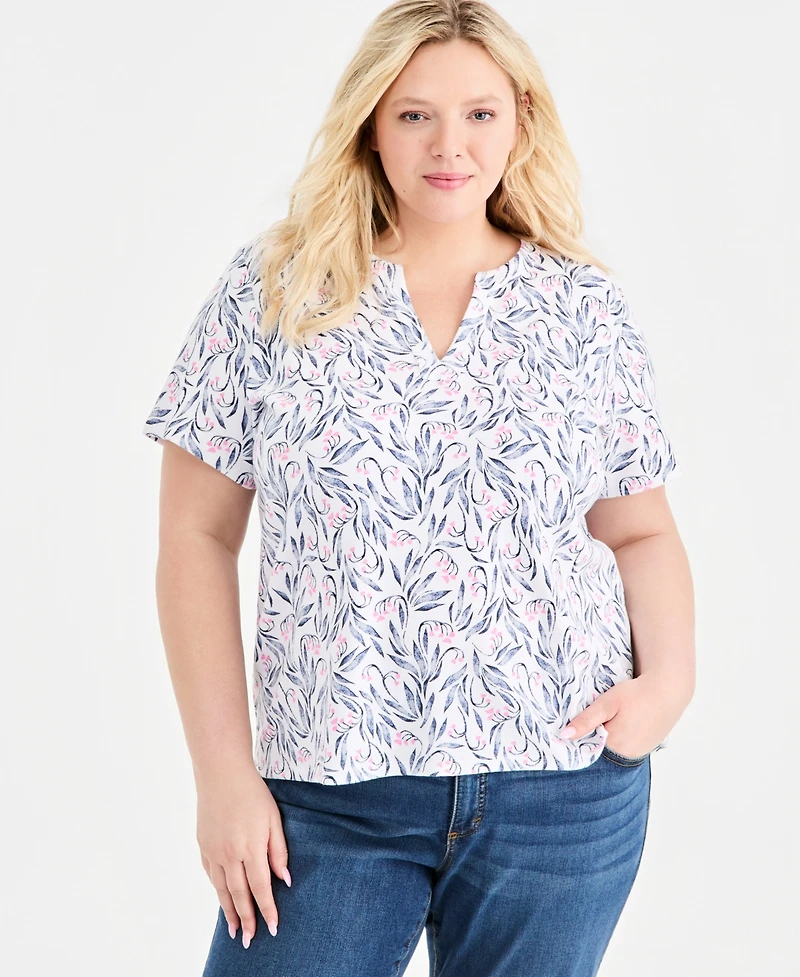 Style & Co Plus Printed Short-Sleeve Split-Neck Top, Macy's Exclusive