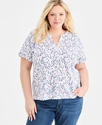 Style & Co Plus Printed Short-Sleeve Split-Neck Top, Macy's Exclusive